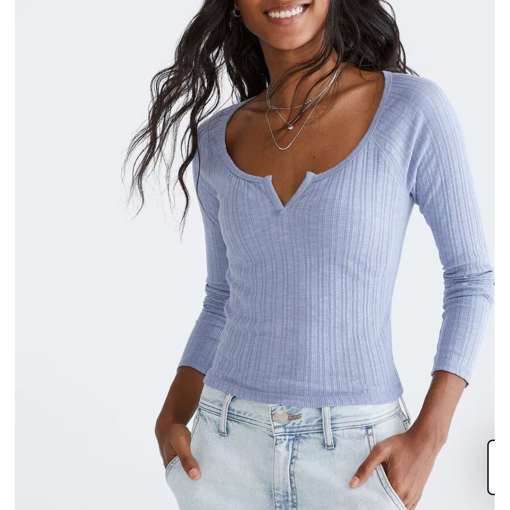 Aeropostale Seriously Soft Ribbed Henley Crop Top Long Sleeve Womens M Blue Slim